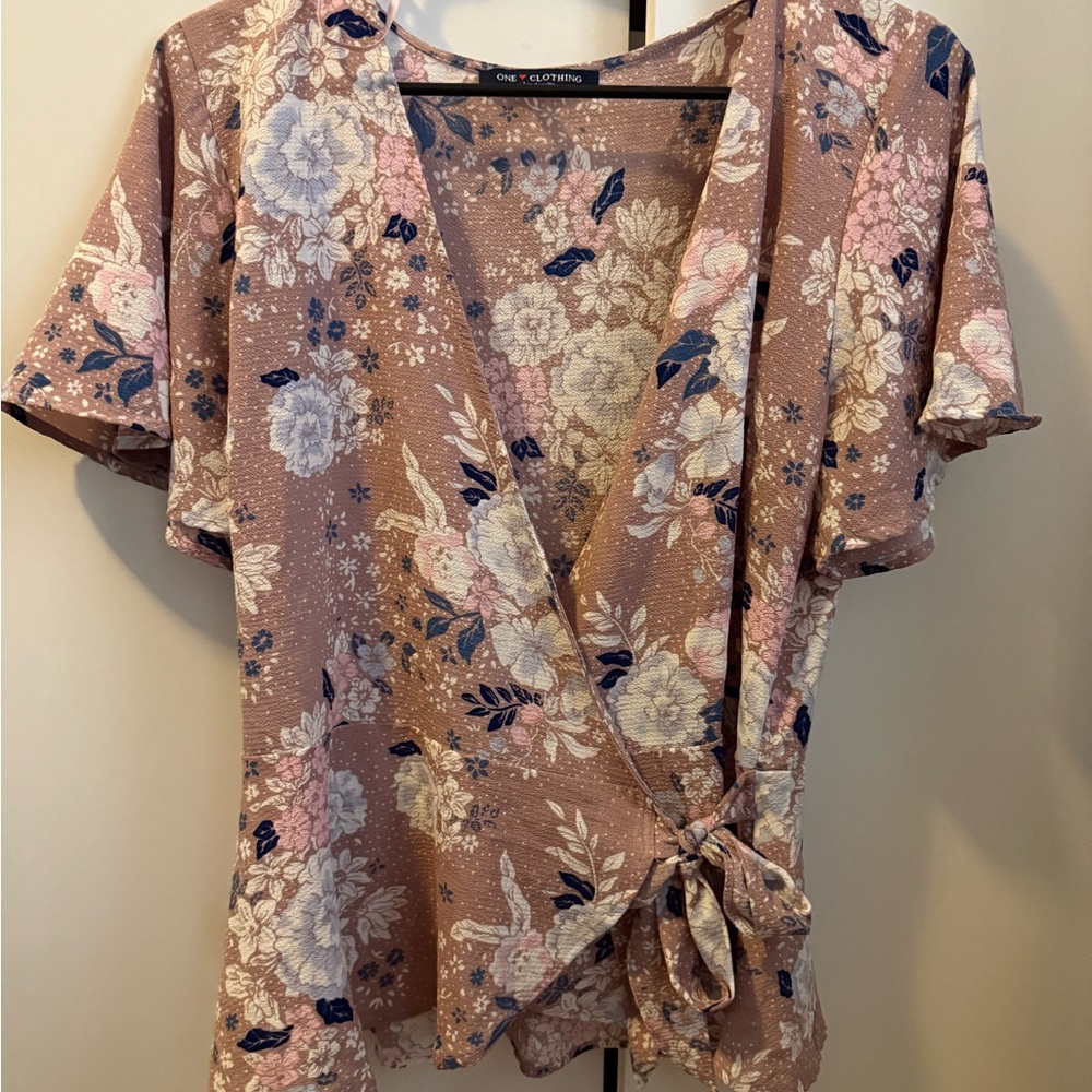 One Clothing Floral Wrap Blouse - Pink and Blue